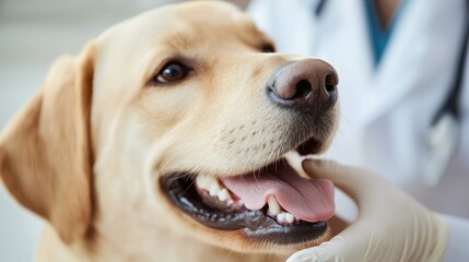 The dog sits patiently as the vet inspects its mouth, showcasing responsible pet ownership and the role of veterinary dentistry in animal wellness.