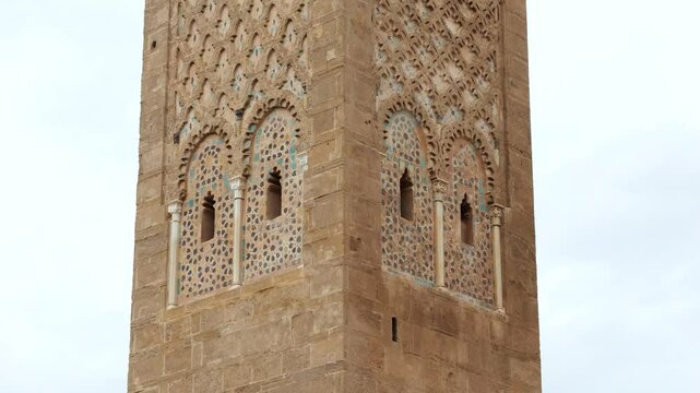 A close up of a mosque tower in the site of Chellah., ancient archeological site located in Rabat, Morocco. 