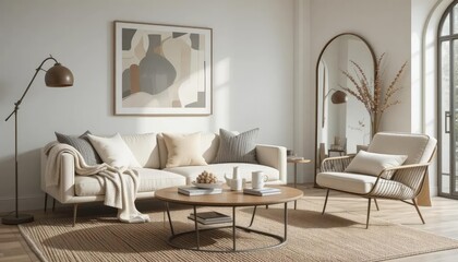 Modern living room with neutral tones, textured accents, and sculptural decor. A serene space designed for relaxation.