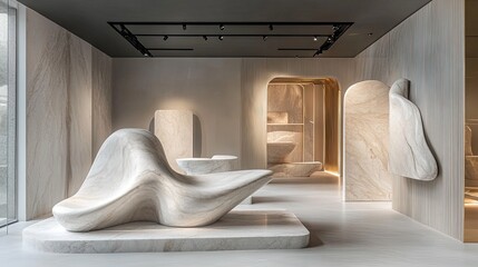 A boutique showroom featuring a freestanding sculptural display of flowing organic forms carved from marble