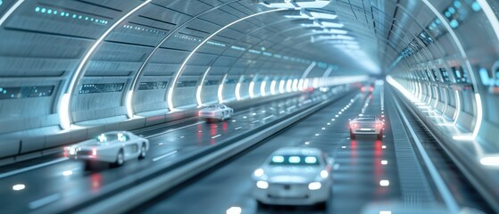 Cars cruise a sleek, bright highway, tunnel lights reflecting, linked to embedded data storage for instant futuristic backups.