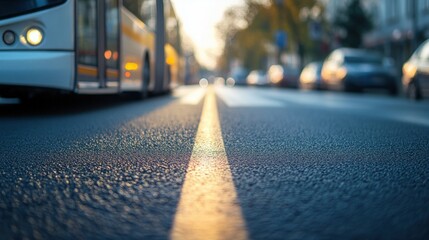 Urban street scene with a close-up view of a yellow line in the asphalt, an approaching bus, and blurred cars in the background during golden hour light