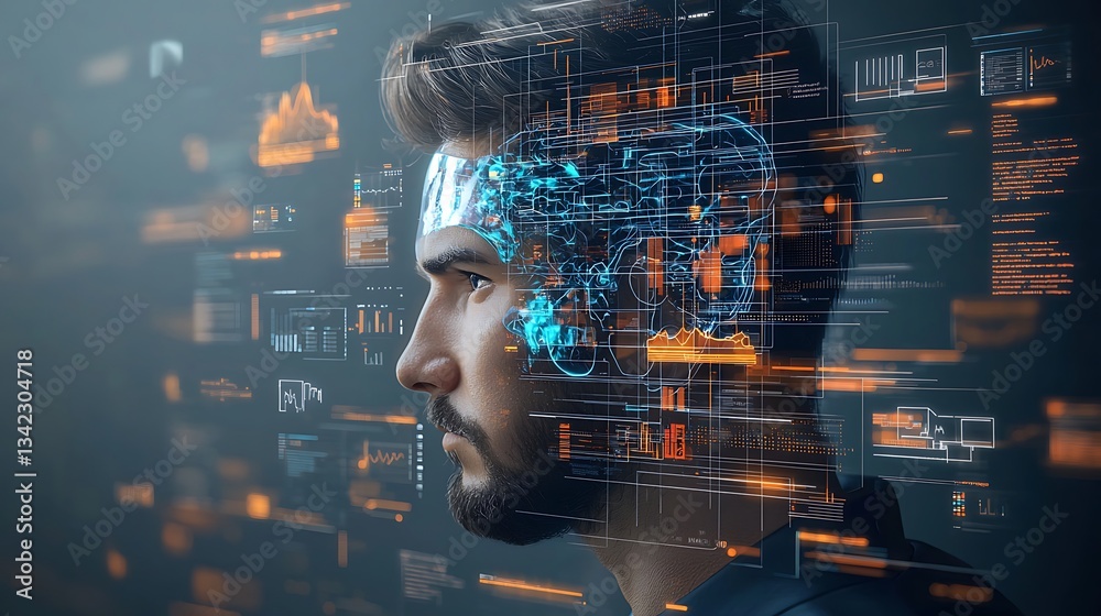 Poster AI technology, futuristic head-mounted display, data visualization, and neural interface