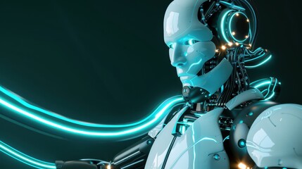 Fototapeta premium Futuristic humanoid robot,integrated with glowing broadband cables,processes data with intense energy and gleaming white panels.