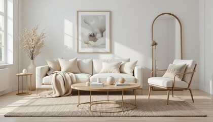 Obraz premium Modern living room with neutral tones, textured accents, and sculptural decor. A serene space designed for relaxation.