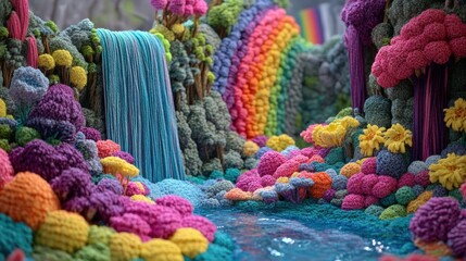 Vibrant Fantasy Landscape with Colorful Textured Plants, Flowing Waterfalls, and a Sparkling River Under a Rainbow Sky in a Dreamlike Setting