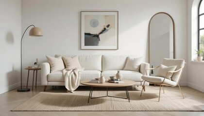 Modern living room with neutral tones, textured accents, and sculptural decor. A serene space designed for relaxation.