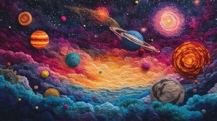 Vibrant Abstract Space Scene with Planets, Stars, and Colorful Cosmic Clouds in the Universe with Swirling Patterns and Mystical Beauty