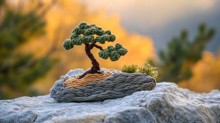 Miniature Bonsai Tree Crafted from Twisted Yarn on Rock Surface Surrounded by Natural Scenic Background with Soft Focus and Warm Lighting