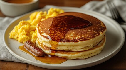 Golden pancakes layered with syrup shine under soft lighting, complemented by creamy scrambled eggs and a savory sausage patty for a hearty breakfast scene.