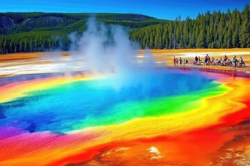 Vibrant geothermal spring with rainbow hues and onlookers