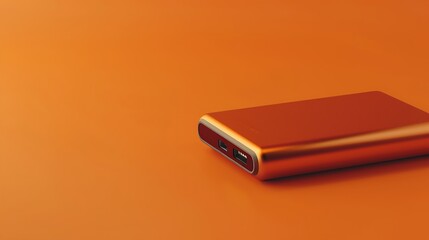A high-quality 4K shot of a portable charger placed on a solid orange background, ultra-detailed lighting and reflections.