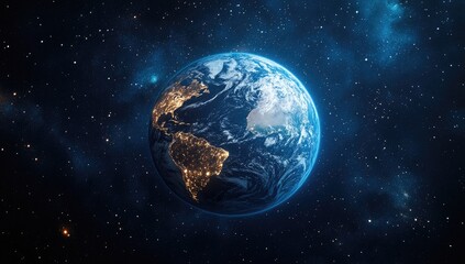 Naklejka premium Digital rendering of Earth at night, showcasing city lights and a starry backdrop. The image uses a pixelated style and a cool blue color palette