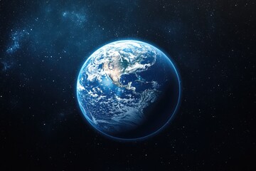 Pixelated earth globe in space, dark blue starry background, detailed pixelation on the earth, glowing blue pixelated edge, cosmic backdrop