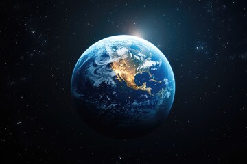 Obraz premium Pixelated earth globe, detailed view of america, dark space background, bright sunrise, digital art style