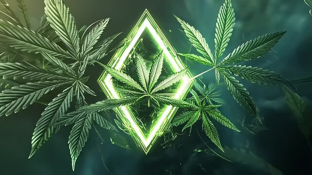Lush green cannabis leaves surrounding a glowing diamond shape, creating a vibrant, mystical atmosphere