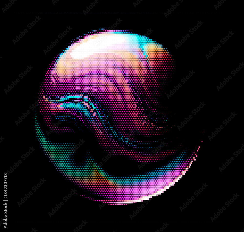 Poster vector illustration of a vibrant, multicolored abstract sphere with a pixel pattern on a black backg