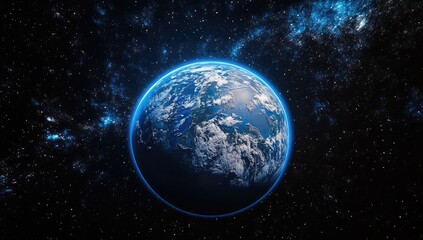 Pixelated earth, space background, blue and dark, starry night sky, digital art style