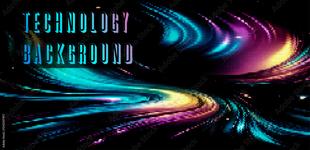 Aufkleber abstract technology background with swirling multicolored pixel patterns in neon shades of blue, pur