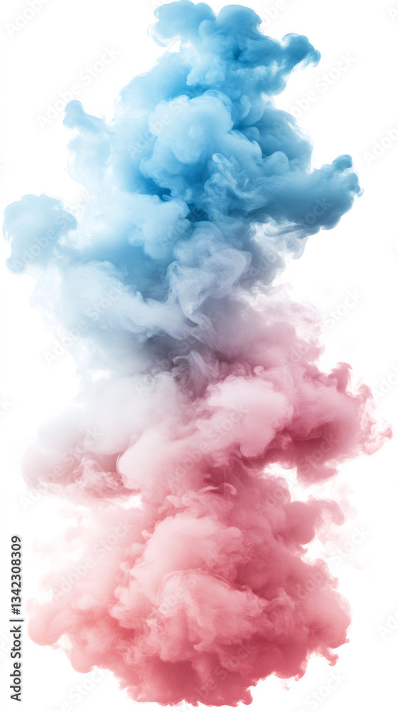 Poster Vibrant blue and red smoke intertwining, generating ethereal abstract patterns on pristine white surface