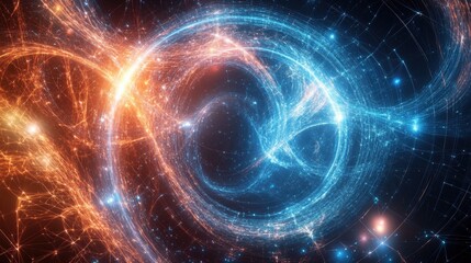 Obraz premium Vibrant Abstract Cosmic Swirls with Blue and Orange Light Trails in a Dark Space Background for Digital Art and Science Inspirations