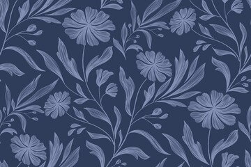 Vintage floral ethnic tapestry modern embroidery texture boho design vector illustration hand drawn silhouette indigo blue flower motif branches leaves wallpaper seamless background border.	
