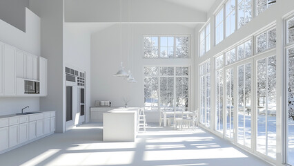 Bright White Living Space with Seamless Kitchen