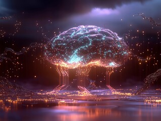 Obraz premium Digital representation of a brain with circuit-like connections and glowing elements.