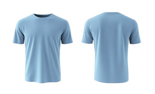 template for a plain light blue t-shirt mockup, featuring both front and back views on a clear background
