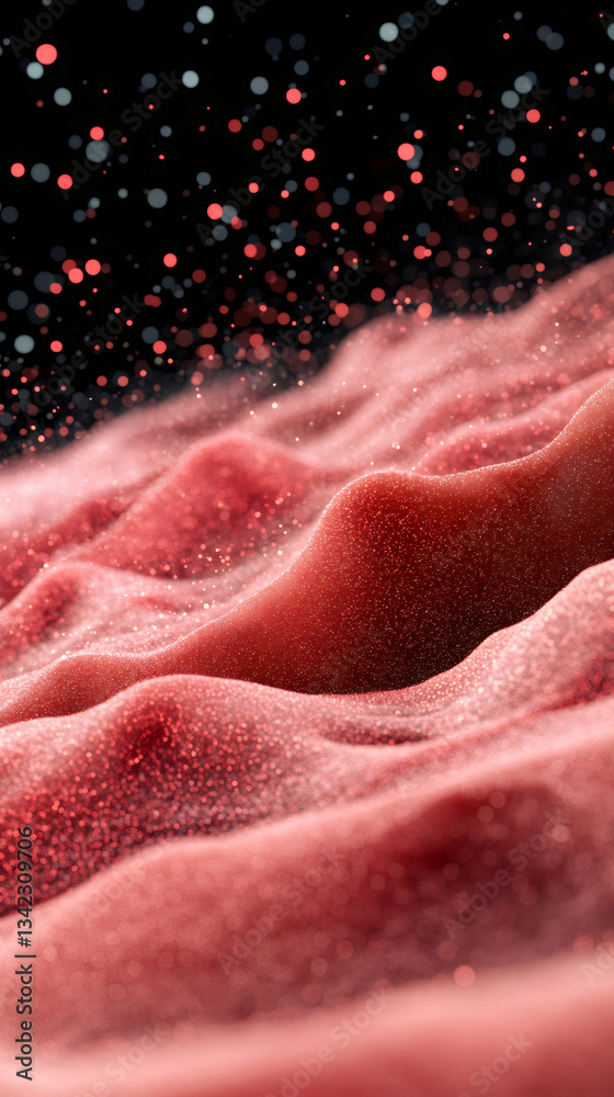 Poster Abstract red background with flowing particles and a wavy surface, creating a dynamic and visually appealing scene