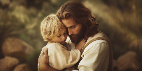 Fototapeta premium Jesus Christ Hugging Little Boy Child, Nature Background Banner