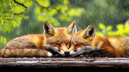 Two foxes cuddling in the rain