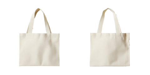 A beige canvas tote bag, complete with long handles for carrying daily essentials, is presented on a white background and can also be found isolated on a transparent background in png