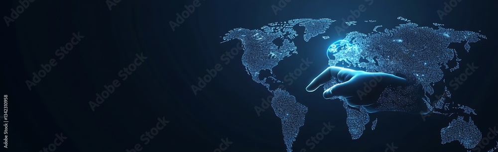 Poster Abstract representation of a hand pointing at a digital map of the world conveying themes of technology and global outreach : Generative AI