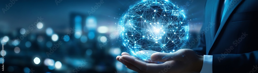 Poster a person presenting a luminous blue sphere with intricate connections against a city backdrop : gene