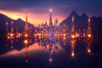 Fototapeta premium Futuristic city skyline with reflections at sunset.