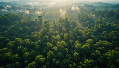Aerial top view of green trees in forest. Green tree nature background for carbon neutrality and net zero emissions concept. Drone view of green tree captures CO2 to Sustainable green environment.