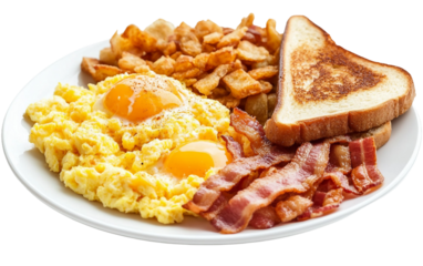 Delicious Morning Meal Featuring Scrambled Eggs Bacon and Hash Browns Isolated on transparent background PNG
