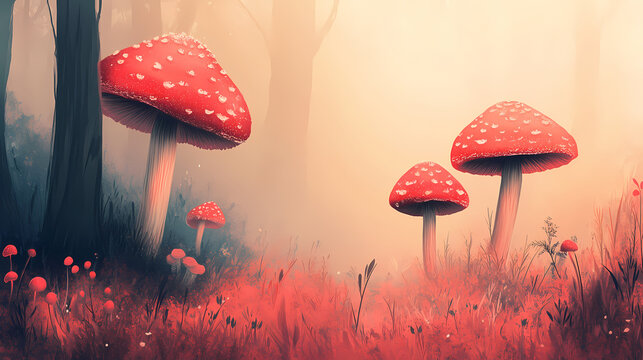 Vibrant red mushrooms growing in a misty forest setting with soft light. Spore Forest. Illustration