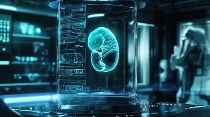 Obraz premium A high tech biotech laboratory glows with neon lights as a holographic embryo floats inside a sleek glass container, symbolizing advanced genetic research.
