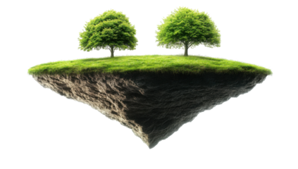Lush green grass and trees growing on a floating island with a transparent background, perfect for environmental concepts
