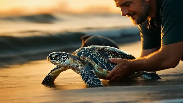 A man gently releasing a sea turtle back into the ocean during sunset, with waves lapping at the shore