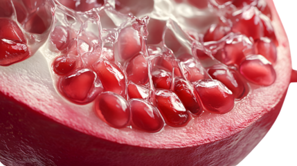 Closeup of juicy pomegranate seeds and arils vibrant red fruit texture