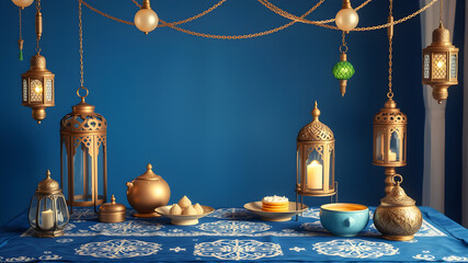 Obraz premium Ramadan kids style background empty table for product display blue color Generative AI