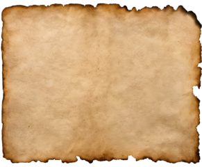 An aged parchment paper with burnt, charred edges, featuring a weathered  look. The blank center is perfect for adding text or design elements, ideal for vintage themes. Transparent background