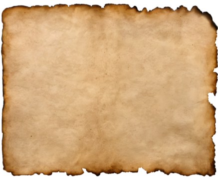 An aged parchment paper with burnt, charred edges, featuring a weathered  look. The blank center is perfect for adding text or design elements, ideal for vintage themes. Transparent background