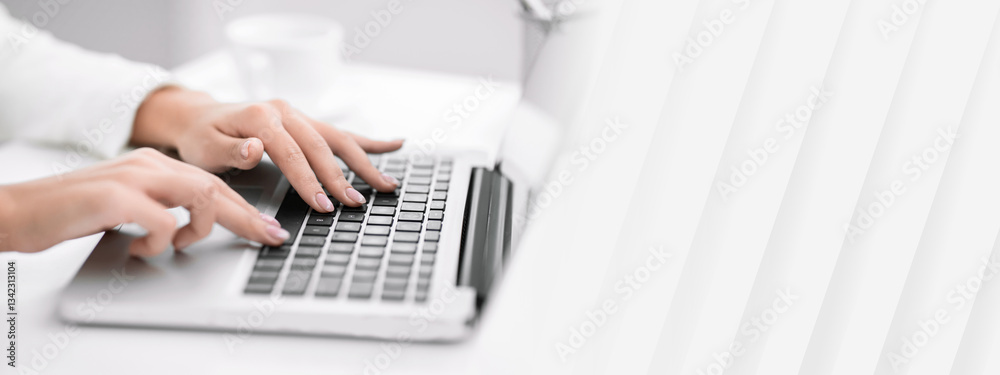 Aufkleber Job Search. Side view of unrecognizable lady using laptop, finding work projects online. Selective focus, empty space