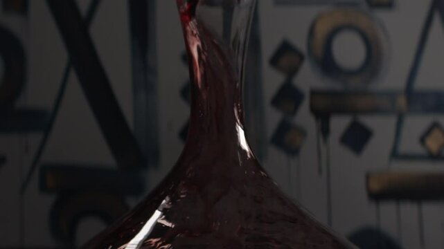 Red wine in the glass Decanter, close-up, selective focus. Slow motion 