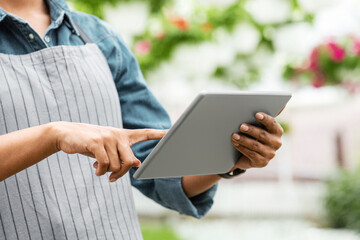 Easy work with modern technology in greenhouses. African american woman working with digital tablet at daylight in orangery, panorama, cropped