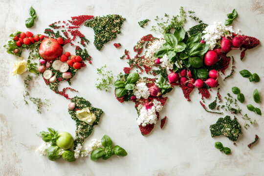 World map made of fresh vegetables, fruits, herbs and spices promoting healthy eating habits